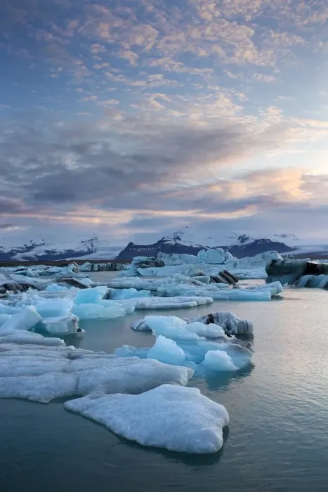 Framed Print : Sunset over Jokulsarlon, a glacial lagoon at the head of the Breidamerkurjokull Glacier on the edge of the Vatnajokull National Park, South Iceland, Iceland, Polar Regions