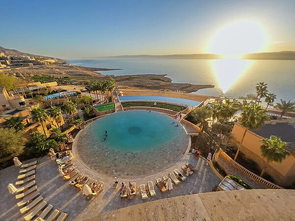 Sunset at the Kempinski Hotel Ishtar, a five-star luxury resort by the Dead Sea inspired by the Hanging Gardens of Babylon, Jordan, Middle East