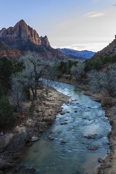 Sunset lights The Watchman, Virgin River overlook in winter, Zion National Park, Utah, United States of America, North America