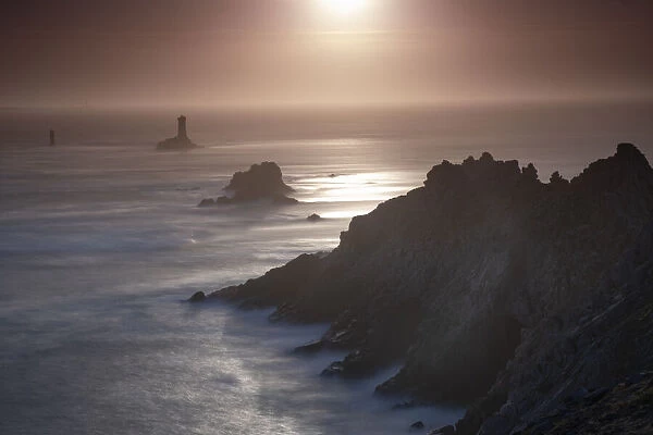 Sunset long exposure at Pointe du Raz promontory, Finistere, Brittany, France, Europe