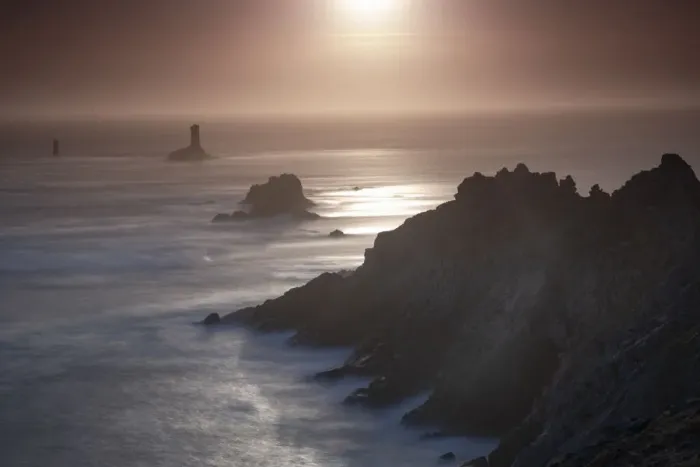 Framed Print : Sunset long exposure at Pointe du Raz promontory, Finistere, Brittany, France, Europe Framed Print : Sunset long exposure at Pointe du Raz promontory, Finistere, Brittany, France, Europe