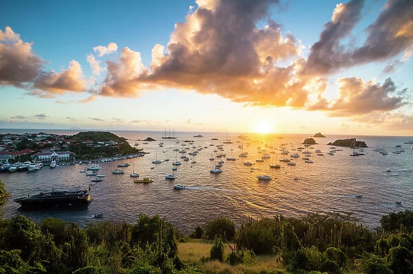 Sunset over the luxury yachts, in the harbour of Gustavia, St. Barth (Saint Barthelemy)