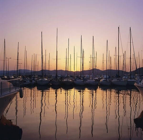 Sunset over the marina, St. Tropez, Cote d Azur, Var, Provence, France, Europe