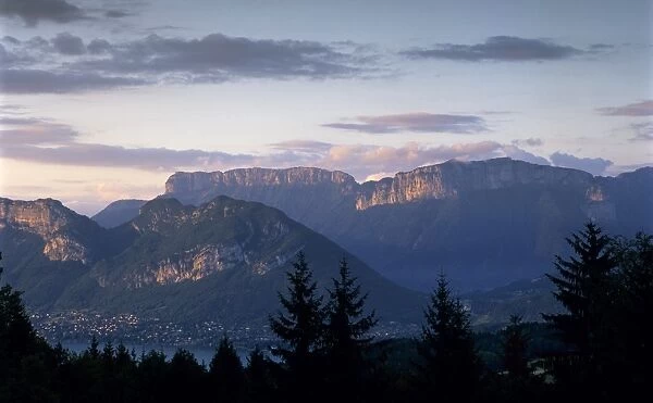 Sunset over mountains above Lake Annecy, Lake Annecy, Rhone Alpes, France, Europe