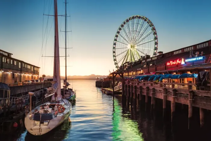 Framed Print : Sunset over mountains with Seattle Great Wheel on Pier 57 in the foreground. Seattle Framed Print : Sunset over mountains with Seattle Great Wheel on Pier 57 in the foreground. Seattle