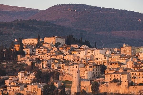 Sunset on the old town, Spello, Umbria, Italy, Europe