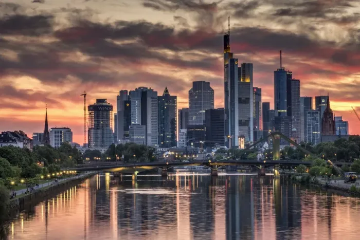 Framed Print : Sunset over the River Main and Frankfurt city skyline, Frankfurt, Hesse, Germany, Europe Framed Print : Sunset over the River Main and Frankfurt city skyline, Frankfurt, Hesse, Germany, Europe