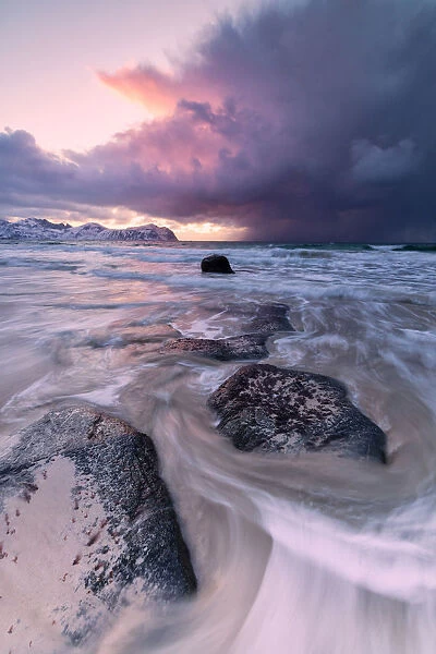 Sunset on the rough sea, Vikten, Flakstad municipality, Lofoten Islands, Nordland