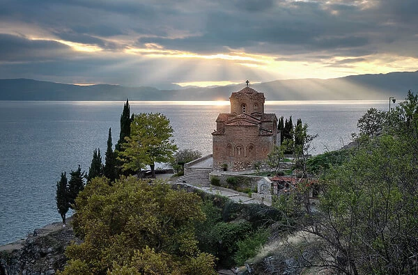 Sunset at Saint John at Kaneo, an Orthodox church situated on the cliff overlooking Lake
