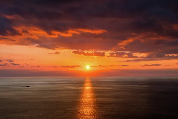Framed Print : Sunset on the sea with two boats crossing the sunset reflection on the sea, Greece