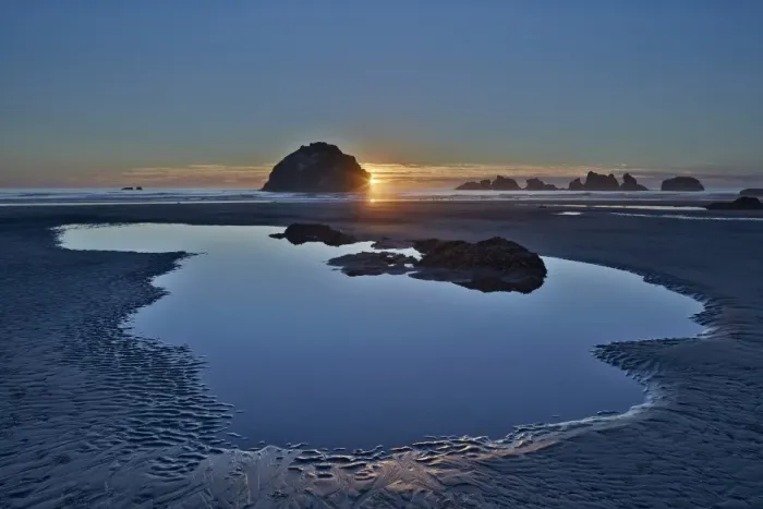 Framed Print : Sunset by a sea stack over a pool on the beach, Bandon Beach, Oregon, United States of America, North America