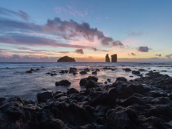 Sunset over the sea stacks of Mosteiros on Sao Miguel Island, Azores Islands, Portugal, Atlantic, Europe