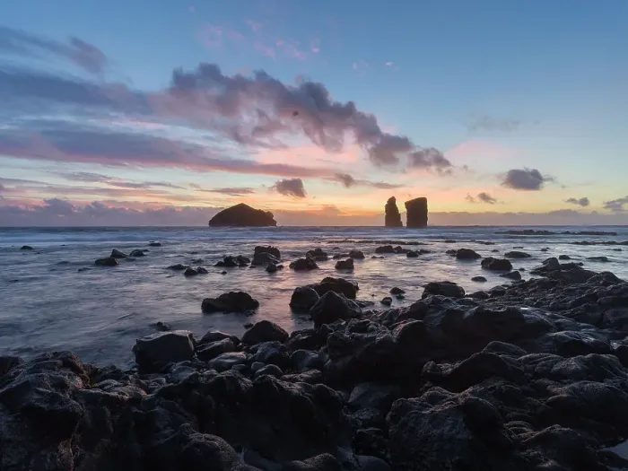 Framed Print : Sunset over the sea stacks of Mosteiros on Sao Miguel Island, Azores Islands, Portugal, Atlantic, Europe Framed Print : Sunset over the sea stacks of Mosteiros on Sao Miguel Island, Azores Islands, Portugal, Atlantic, Europe