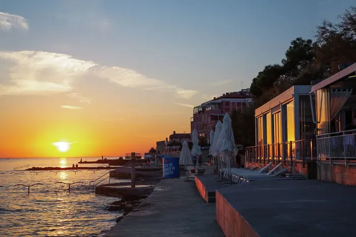 Framed Print : Sunset, sea view, restaurants on the right, Old Town, Novigrad, Croatia, Europe