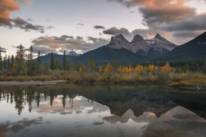 Framed Print : Sunset over Three Sisters in Autumn near Banff National Park, UNESCO World Heritage Site Framed Print : Sunset over Three Sisters in Autumn near Banff National Park, UNESCO World Heritage Site