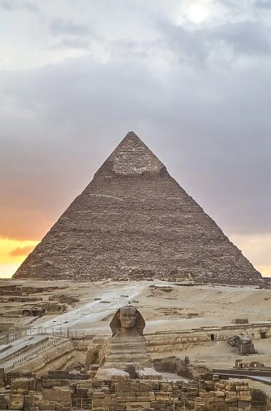 Sunset, Sphinx in foreground and the Pyramid of Chephren, The Pyramids of Giza, UNESCO