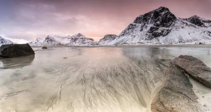 Framed Print : Sunset on the surreal Skagsanden beach surrounded by snow covered mountains, Flakstad Framed Print : Sunset on the surreal Skagsanden beach surrounded by snow covered mountains, Flakstad
