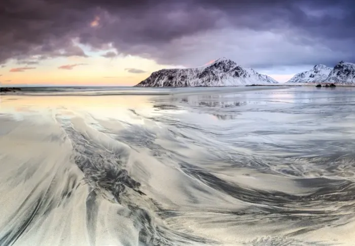 Framed Print : Sunset on the surreal Skagsanden beach surrounded by snow covered mountains, Flakstad Framed Print : Sunset on the surreal Skagsanden beach surrounded by snow covered mountains, Flakstad