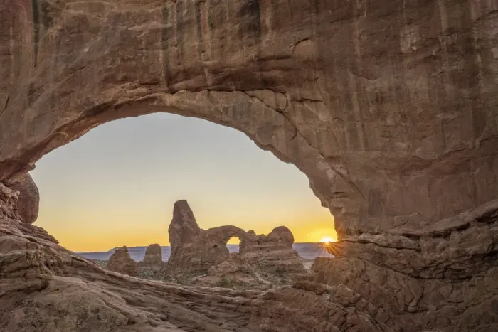 Framed Print : Sunset and Turret Arch view through Windows Arch, Arches National Park, Utah Framed Print : Sunset and Turret Arch view through Windows Arch, Arches National Park, Utah