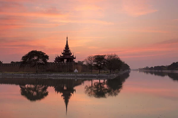 Sunset view of the Royal Palace, City Moat and City Wall in Mandalay, Myanmar (Burma)