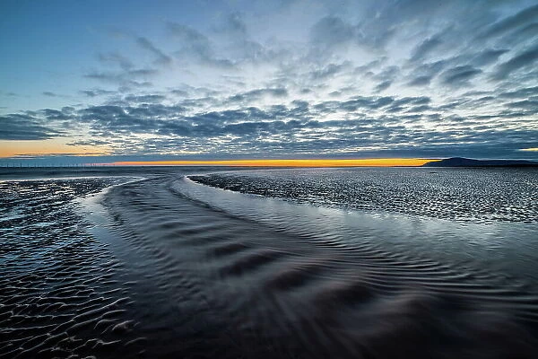 Sunset view from Sandy Gap, Walney Island, towards the distant Irish Sea and Black Combe, Walney Island, Lancashire, England, United Kingdom, Europe