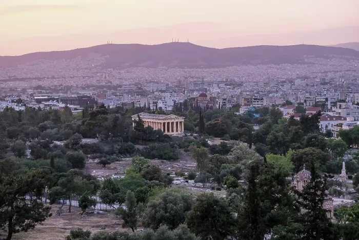 Framed Print : Sunset view of the Temple of Hephaestus standing among trees in the Ancient Agora, Athens, Greece Framed Print : Sunset view of the Temple of Hephaestus standing among trees in the Ancient Agora, Athens, Greece