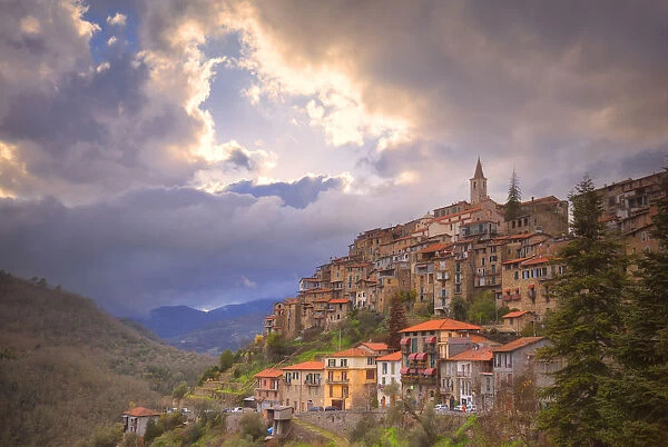 Sunset at the village of Apricale, Province of Imperia, Liguria, Italy, Europe