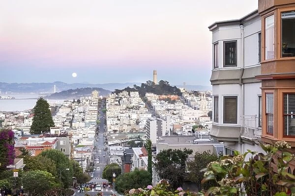 Super moon and view to Bay Area, including San Francisco-Oakland Bay Bridge, San Francisco