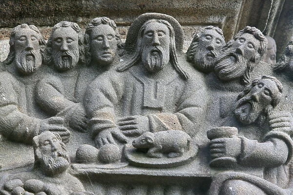 The Last Supper, a scene from the Life of Jesus on the Guimiliau calvary, Guimiliau