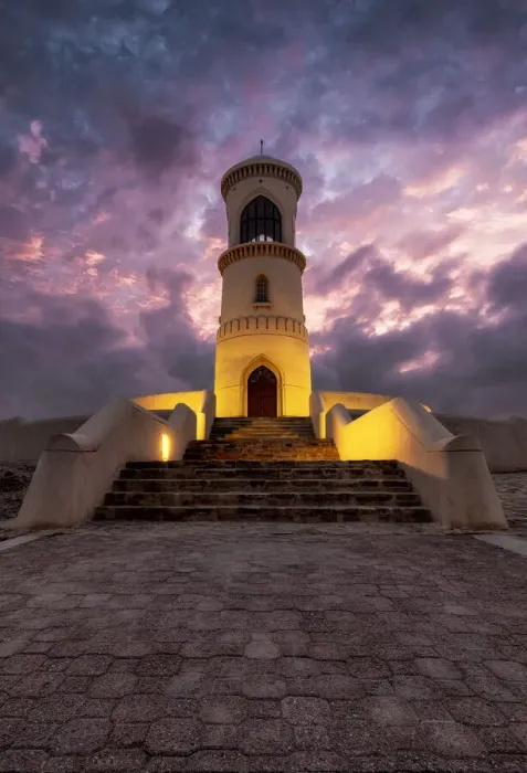 Framed Print : Sur lighthouse at sunset with purple clouds, Sur, Oman, Middle East Framed Print : Sur lighthouse at sunset with purple clouds, Sur, Oman, Middle East