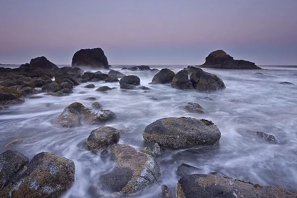 Surf, rocks, and sea stacks at dawn, Ecola State Park, Oregon, United States of America, North America
