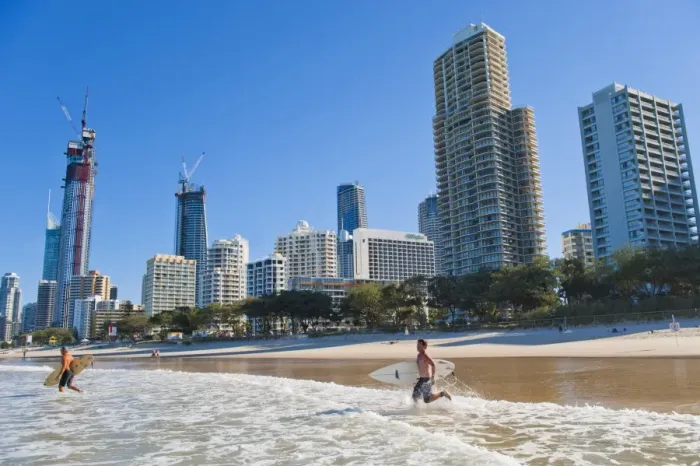 Framed Print : Surfers heading out to surf at Surfers Paradise beach, the Gold Coast, Queensland, Australia, Pacific Framed Print : Surfers heading out to surf at Surfers Paradise beach, the Gold Coast, Queensland, Australia, Pacific