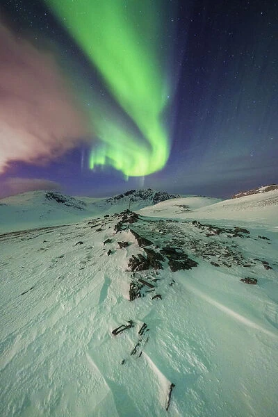 Surreal shapes of the Northern Lights (Aurora Borealis) in the Arctic night, Skarsvag