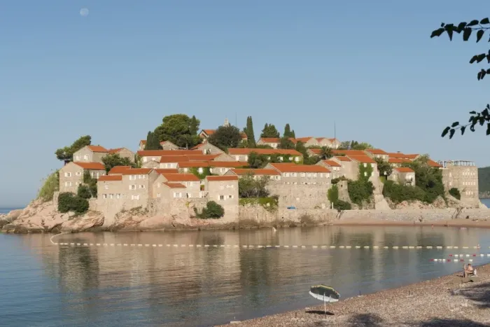 Framed Print : Sveti Stefan and beach, Montenegro, Europe Framed Print : Sveti Stefan and beach, Montenegro, Europe