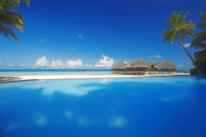 Framed Print : Swimming pool, palms and beach huts, Maldives, Indian Ocean, Asia Framed Print : Swimming pool, palms and beach huts, Maldives, Indian Ocean, Asia