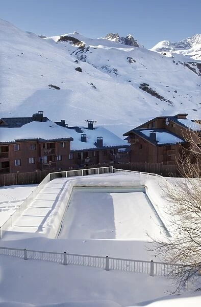 Swimming pool in Val Claret, highest village in Tignes, Savoie, Rhone-Alpes, French Alps, France, Europe