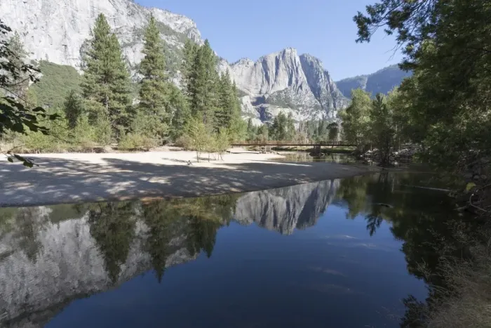 Framed Print : Swinging Bridge over Merced River, Cathedral Beach, Yosemite National Park, UNESCO World Heritage Site, California, United States of America, North America Framed Print : Swinging Bridge over Merced River, Cathedral Beach, Yosemite National Park, UNESCO World Heritage Site, California, United States of America, North America