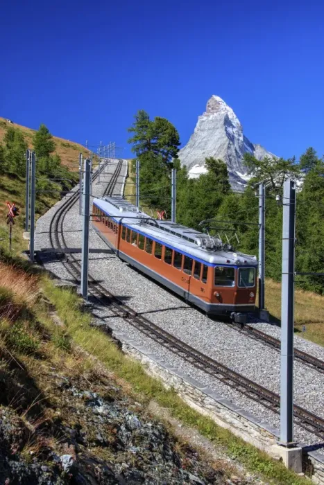Framed Print : The swiss Bahn train runs on its route with the Matterhorn in the background, Gornergrat Framed Print : The swiss Bahn train runs on its route with the Matterhorn in the background, Gornergrat