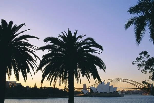 Sydney Opera House and Harbour Bridge at dusk, Sydney, New South Wales, Australia