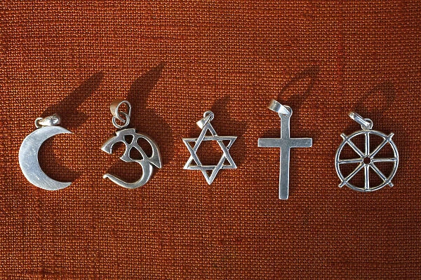 Symbols of five religions, Islam, Hinduism, Judaism, Christianity, Buddhism, France