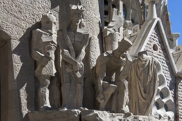 Tableaux in carved stone near the entrance to Sagrada Familia, Barcelona, Catalunya, Spain, Europe