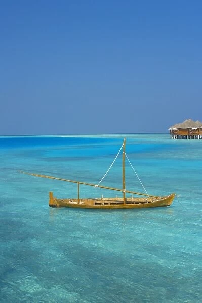 Taditional dhoni and water villas, Maldives, Indian Ocean, Asia
