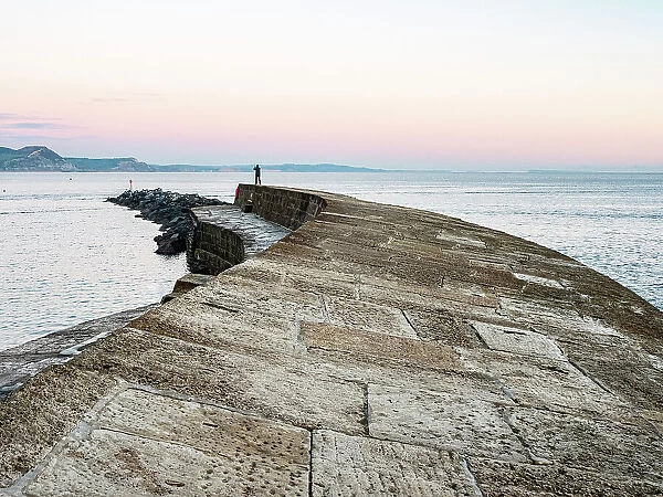 Taking a photograph at the end of The Cobb at sunset, Lyme Regis, Dorset, England, United Kingdom, Europe