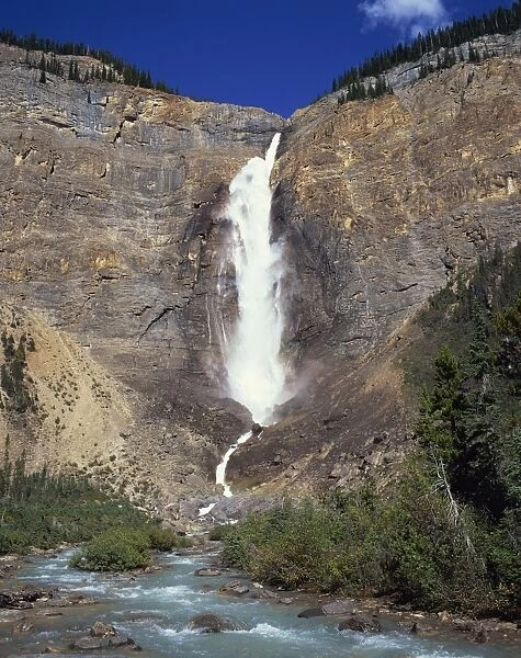 The Takkakaw Falls in the Yoho Valley in the Yoho National Park in the Rocky Mountains