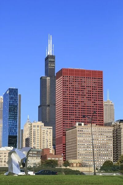 Tall buildings including the Willis Tower, formerly the Sears Tower from Grant Park, Chicago, Illinois, United States of America, North America