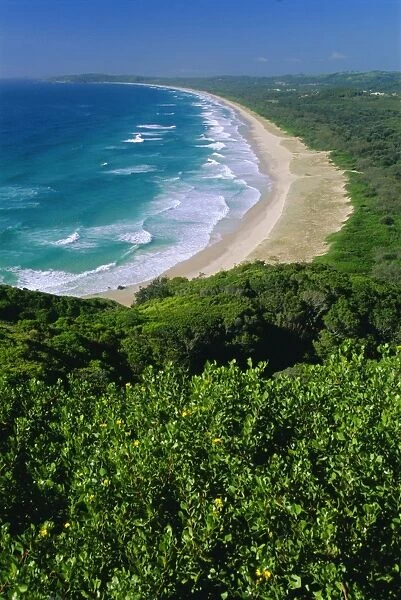 Tallow Beach from Cape Byron, a popular surfing spot east of the resort of Byron Bay in north east NSW, New South