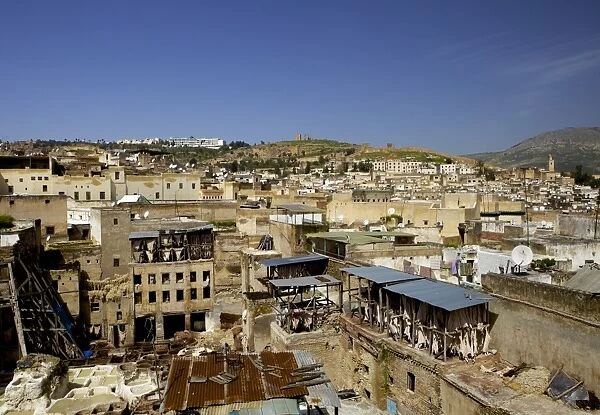 Tannery and cityscape, Fes (Fez), Morocco, North Africa, Africa