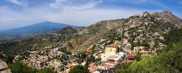 Taormina and Castelmola on the right, with Mount Etna in distance, Sicily, Italy, Europe