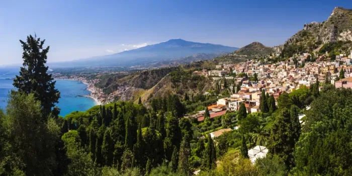 Framed Print : Taormina and Mount Etna Volcano seen from Teatro Greco (Greek Theatre), Taormina, Sicily, Italy, Mediterranean, Europe