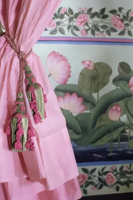 Framed Print : Tassels, pink curtains and painted walls Framed Print : Tassels, pink curtains and painted walls